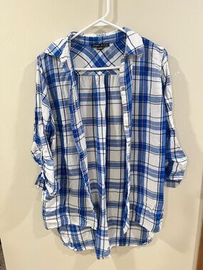 COMO BLACK Blue & Orange Plaid Roll-Tab Sleeve Button Down - Size M